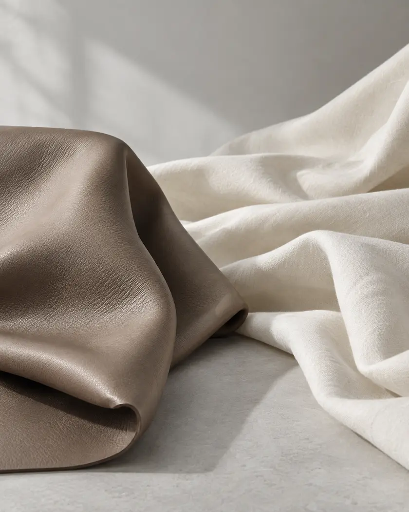 Cuero taupe y tejido claro bajo luz natural.